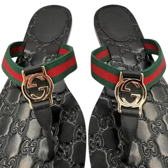 Gucci Interlocking GG Thong Sandal Black Leather Flat Flip Flop Slide EU 39 US 9 - Picture 5 of 14